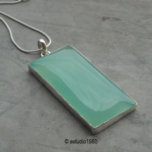Green pendant, Rectangular pendant necklace, Chalcedony silver pendant