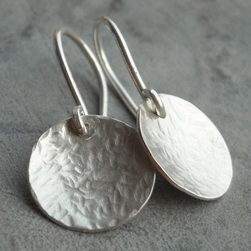 Hammered sterling silver disk earrings, Handmade artisan earrings