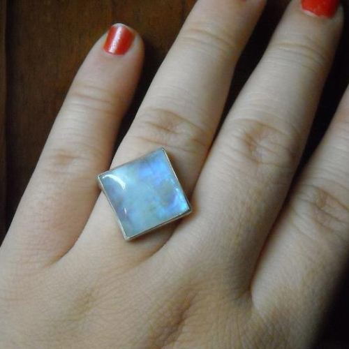 Handmade artisan rainbow moonstone ring, Square shape cute silver ring