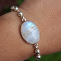 Handmade rainbow moonstone bracelet, Genuine gemstone silver bracelet