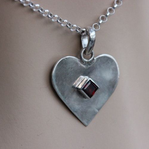 Heart pendant, Garnet pendant, Gemstone artisan silver pendant