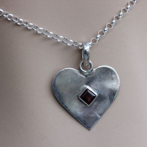 Heart pendant, Garnet pendant, Gemstone artisan silver pendant