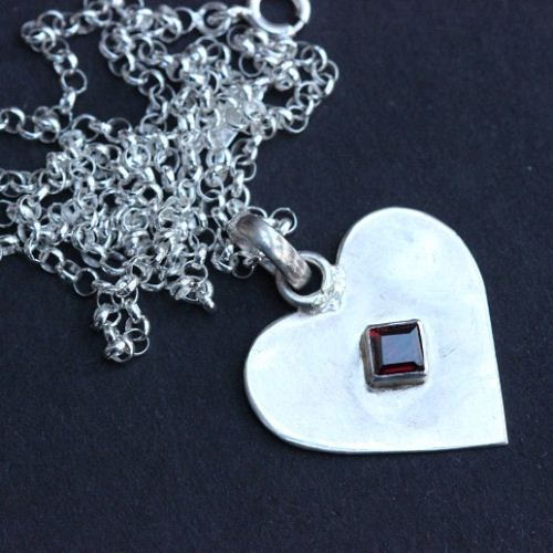 Heart pendant, Garnet pendant, Gemstone artisan silver pendant