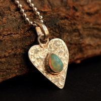 Heart pendant, Opal pendant, Hammered silver pendant gift for her