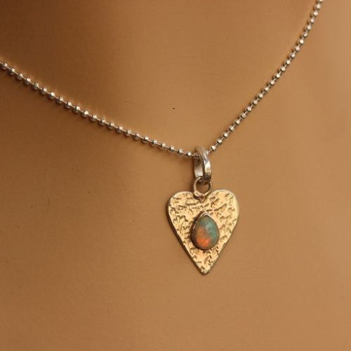 Heart pendant, Opal pendant, Hammered silver pendant gift for her