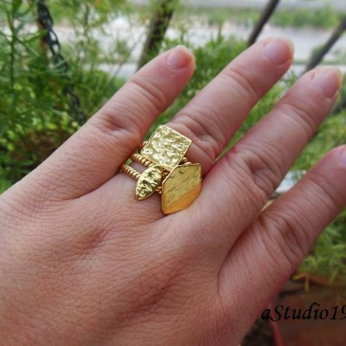 Hexagon 18 k gold hammered handmade ring for her gold stack ring