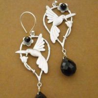 Humming bird black onyx gemstone sterling silver swarovski crystal earrings
