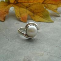 June birthstone ring, Silver pearl ring, Artisan ring
