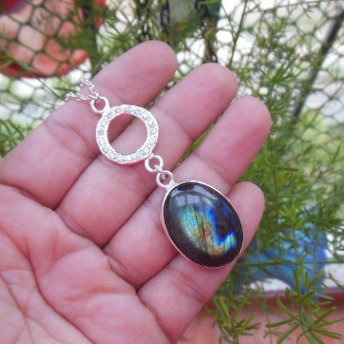 Oval labradorite pendant necklace chain - Sterling silver handmade