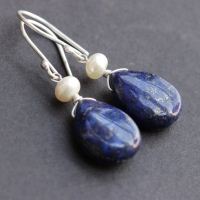 Lapis Lazuli earrings, Blue lapis pear earrings, Gemstone silver earrings