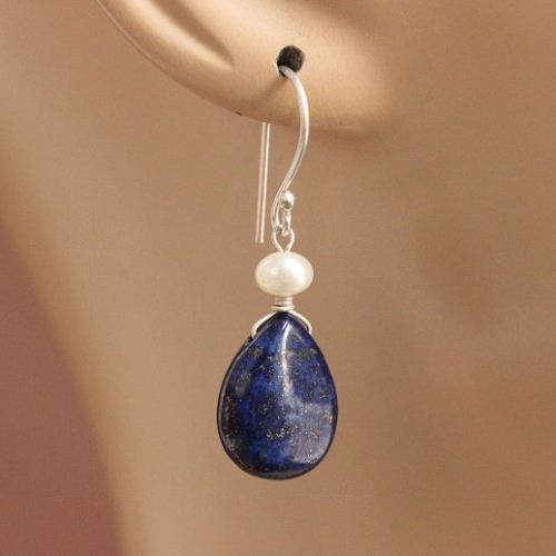 Lapis Lazuli earrings, Blue lapis pear earrings, Gemstone silver earrings