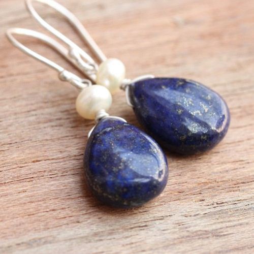 Lapis Lazuli earrings, Blue lapis pear earrings, Gemstone silver earrings