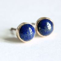 Lapis Lazuli gold earrings, 18k yellow gold stud earrings, denim blue
