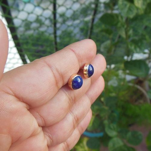 Lapis Lazuli gold earrings, 18k yellow gold stud earrings, denim blue