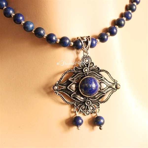 Lapis Lazuli pendant necklace - oxidized silver pendant 