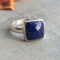 Lapis Lazuli ring, Square ring, Faceted denim blue silver ring