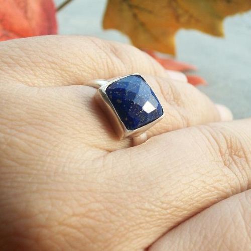 Lapis Lazuli ring, Square ring, Faceted denim blue silver ring
