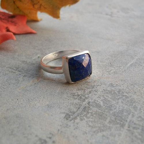 Lapis Lazuli ring, Square ring, Faceted denim blue silver ring