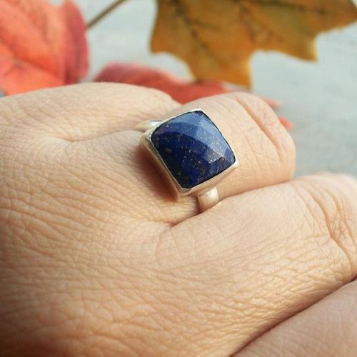 Lapis Lazuli ring, Square ring, Faceted denim blue silver ring