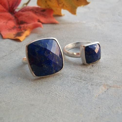 Lapis Lazuli ring, Square ring, Faceted denim blue silver ring