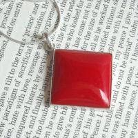 Large Red Coral pendant necklace, Square silver pendant jewelry