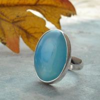 Large oval aqua blue chalcedony ring, Big bold cab silver ring