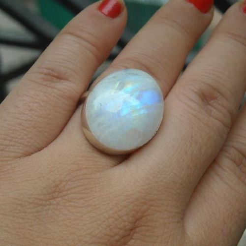 Large oval rainbow moonstone ring, Artisan sterling silver ring