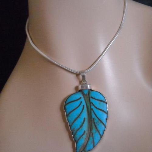 Large turquoise pendant chain, Sterling silver turquoise pendant