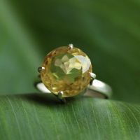 Lemon quartz ring, Natural gemstone ring, Round silver ring
