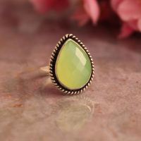 Lime green ring, Green Chalcedony silver ring, Artisan tear drop ring