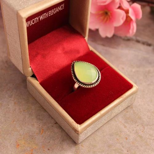 Lime green ring, Green Chalcedony silver ring, Artisan tear drop ring