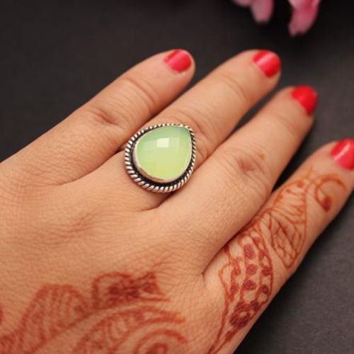 Lime green ring, Green Chalcedony silver ring, Artisan tear drop ring