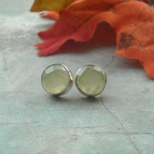 Lime green stud earrings, Prehnite earrings, Silver ear studs