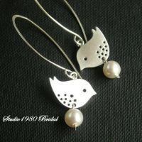 Love birds earrings, bridal earrings, bridal pearl earrings, sterling silver earrings