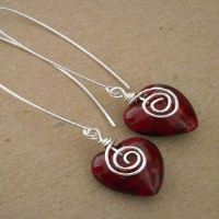 Love notes sterling silver wire wrapped red heart earrings hand made