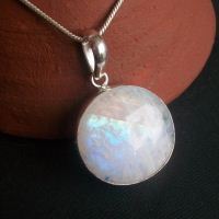 Rainbow moonstone pendant necklace chain, Round silver pendant