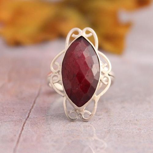 Marquise ring, Filigree ring, Ruby silver July birthstone ring