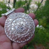Medallion necklace, Ethnic pendant, Bold round silver pendant