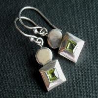 Modern handmade square peridot sterling silver earrings
