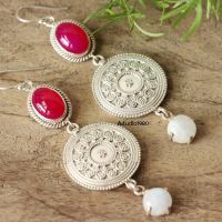 Pink Moonstone chalcedony ethnic artisan silver earrings