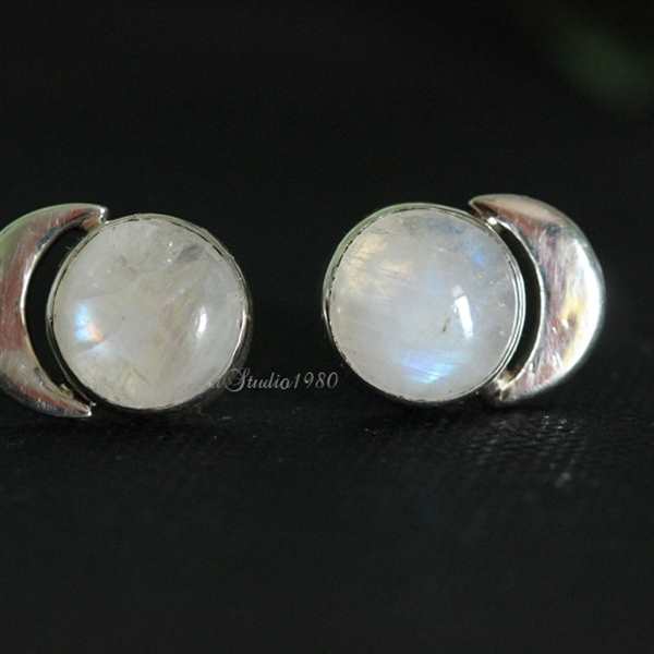 My moon handmade silver rainbow moonstone studs Earrings
