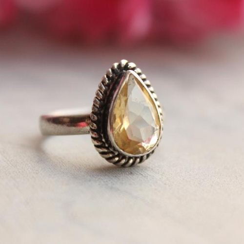 Natural Citrine ring, Artisan gemstone ring, Tear Drop citrine silver ring
