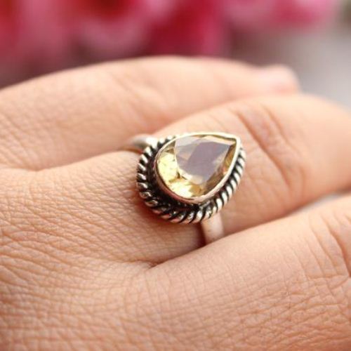 Natural Citrine ring, Artisan gemstone ring, Tear Drop citrine silver ring