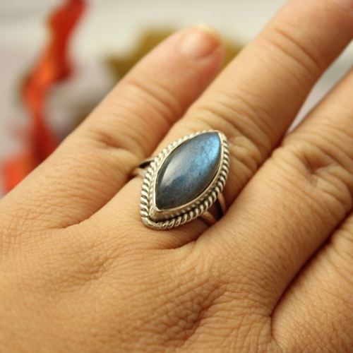 Natural Labradorite Ring, Silver ring, Marquise gemstone ring