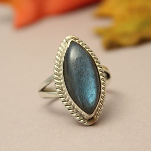 Natural Labradorite Ring, Silver ring, Marquise gemstone ring