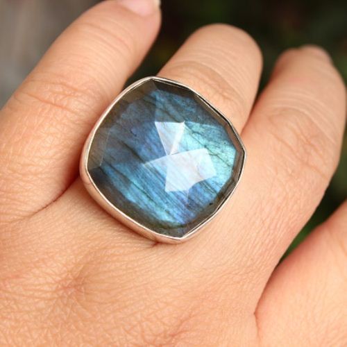 Natural Labradorite Ring, Bold cushion square ring, Silver ring 