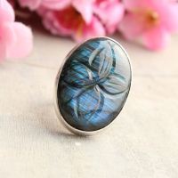 Natural Labradorite Ring, Carved ring silver jewelry