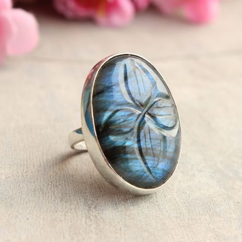 Natural Labradorite Ring, Carved ring silver jewelry
