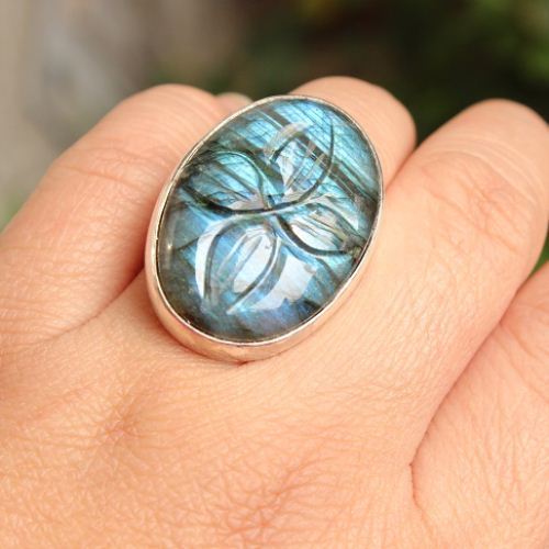 Natural Labradorite Ring, Carved ring silver jewelry