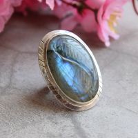 Natural Labradorite Ring, Carved ring, Blue gemstone silver ring